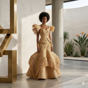 Robe Haute Couture "Écorce d'Or" en Raphia Tissé